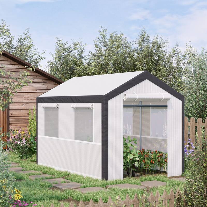 10' x 7' x 7' Walk-In Greenhouse, Outdoor Garden Warm Hot House with 4 Roll-up Windows, 2 Zippered Doors and Weather Cover,White