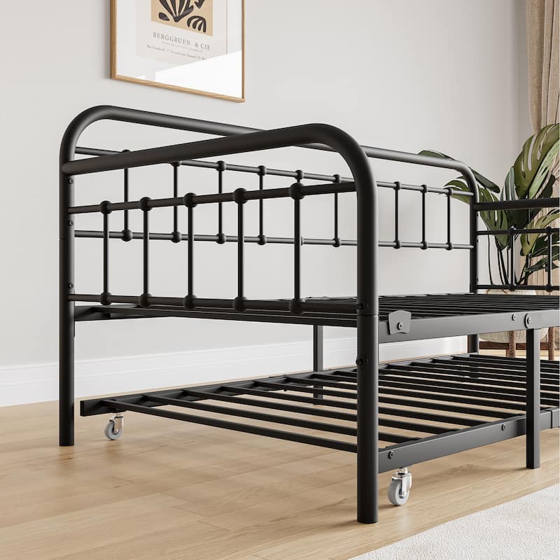 Twin Size Metal Daybed Frame for Bedroom, Pull-Out Trundle Bed with Heavy Duty Steel Slats Supports for Small Apartments