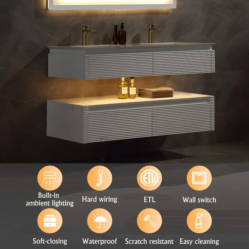 Modland 36/48 Inch LED Floating Vanity with Marble Top & Soft-Close Drawer - Green/White, Wall Drain Ready