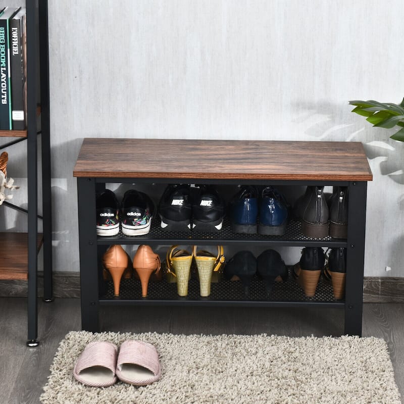 Gymax 3-Tier Shoe Rack Industrial Shoe Bench with Storage Shelves for