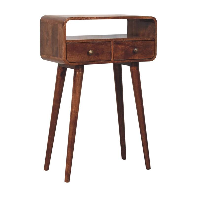 Artisan Furniture Solid Wood Mini Curved Honey Caramel Console Table, Brown with 2 Drawers