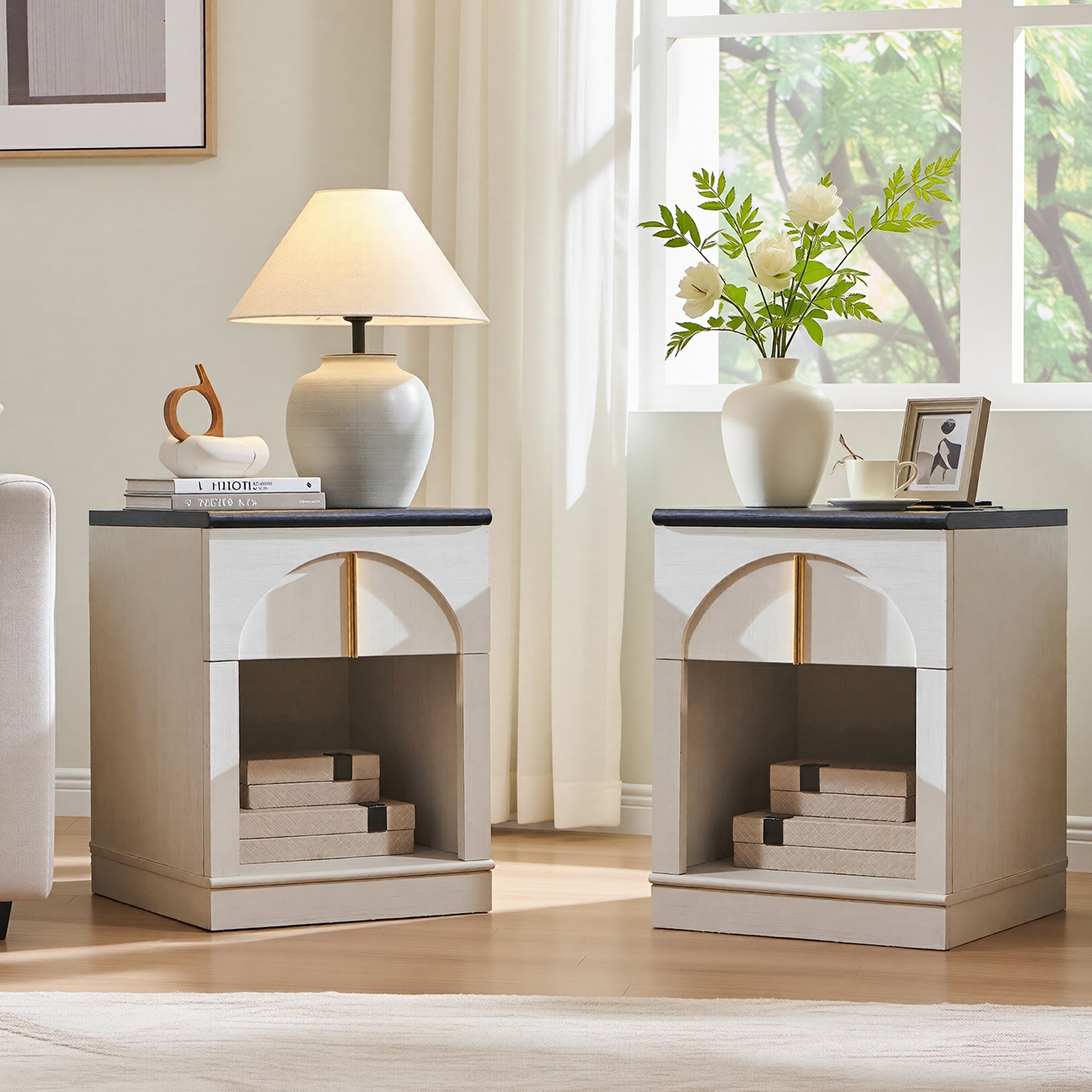 Modern Nightstand Set of 2, Bedside Table with Charging Station