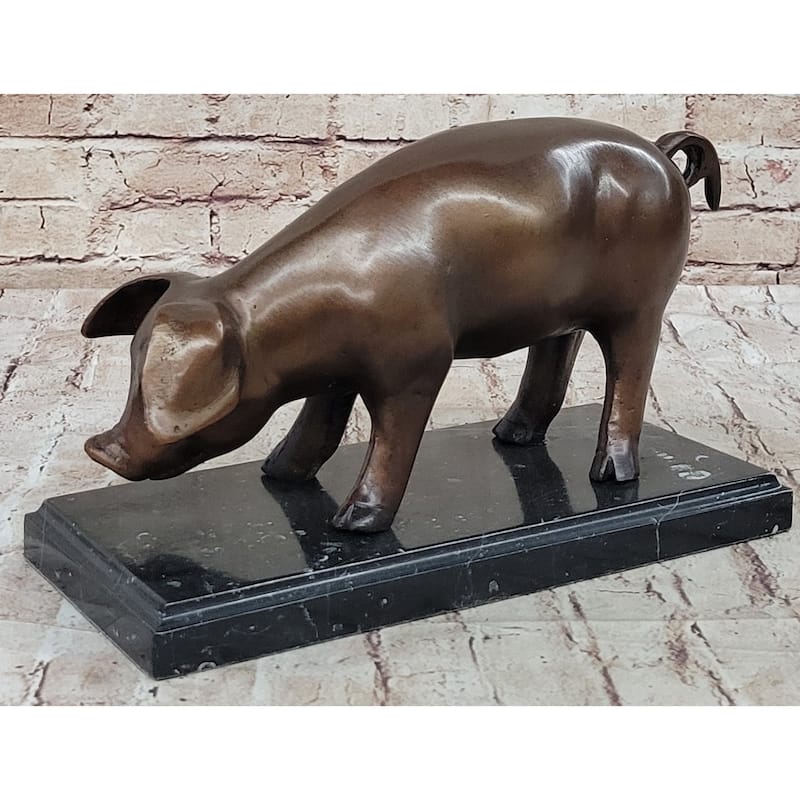 Bronze Metal Pig Sculpture Statue Figure On Marble Base Signed Art Decor Farm Animal