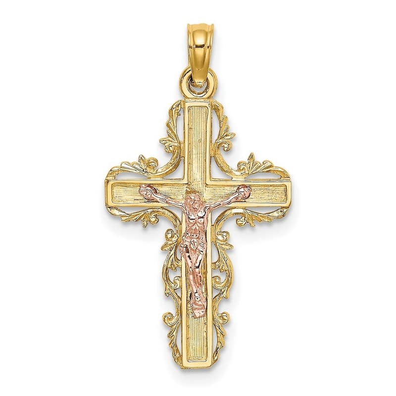 Curata 14k Two tone Gold Lace Trim Crucifix With Pink Inspiration Jesus Pendant Necklace , 18"
