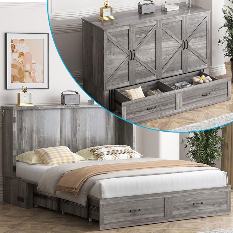 Mixoy Modern Queen Size Murphy Bed Chest with USB ports & Storage Drawers, No Mattress - Grey without Mattress - Queen