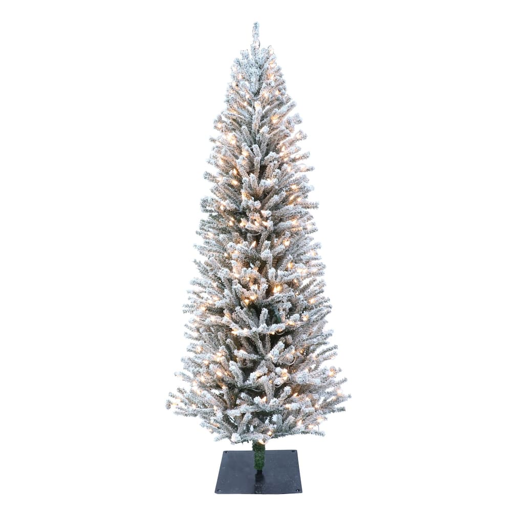 6' Flocked Fir Artificial Christmas Tree Pines Cones, Clear Lights - 6 Foot