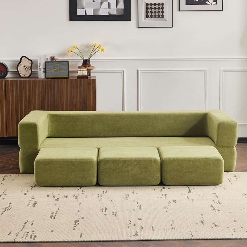 79.14" Ebern Designs Convertible Sectional Sofa Couch with 3 Ottomans - Green