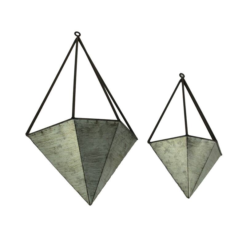 Galvanized Metal Diamond Shaped Angular Hanging Planters Set Of 2 - 19.5 X 12 X 4.75 inches