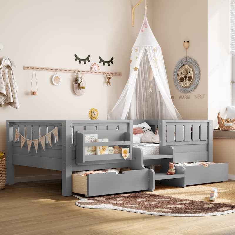 Multiple Colors Toddler Montessori Bed Children's Platform Bed with Low Profile Stairs, Built-in Bookshelf and Storage Drawers