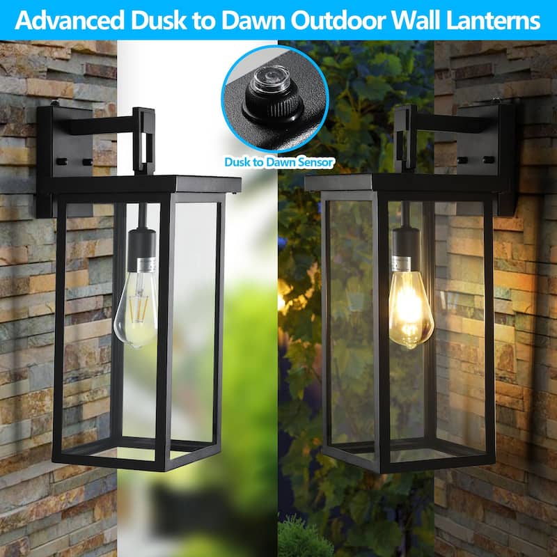 20"(H) Set of 2 Modern Outdoor Wall Lanterns with Clear Glass, Ambient Light Sensors, Weatherproof Wall Sconces, E26 Bulb