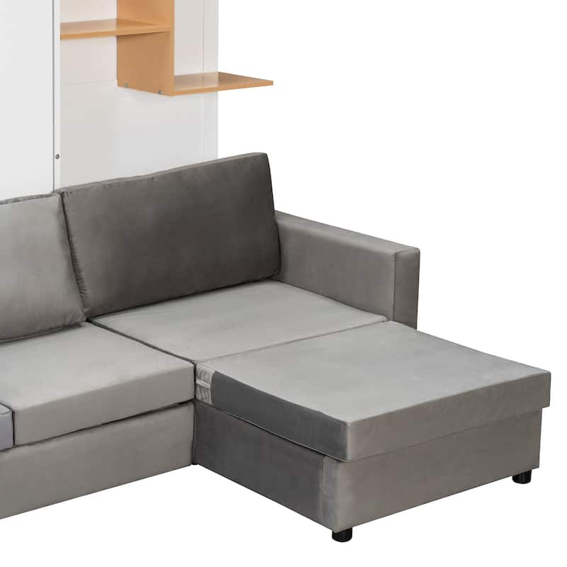 Queen Murphy Bed with Sofa and Cabinets Space Saving Sofa Wall Bed with Open Shelves and Dual Lights for Living Room Guest Room