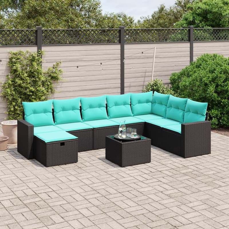 vidaXL Patio Sofa Set with Cushions Outdoor Conversation Furniture Poly Rattan - 24.4" x 24.4" x 27.2" - Black