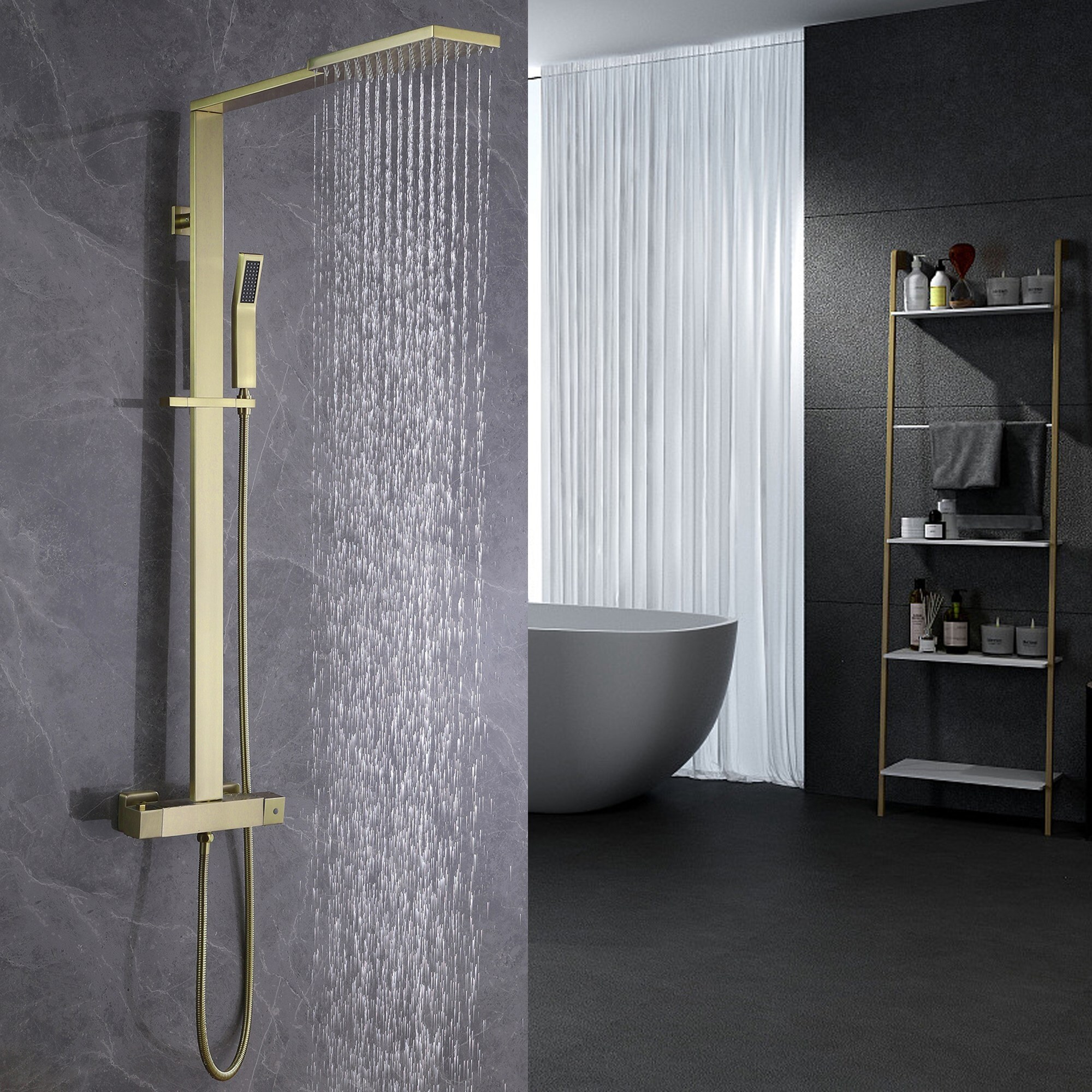 9.84" x 4.33" Rectangle Rainfall Thermostatic Wall Mount Brushed Gold Showerheads Shower Set - 9.84 " x 4.33 "