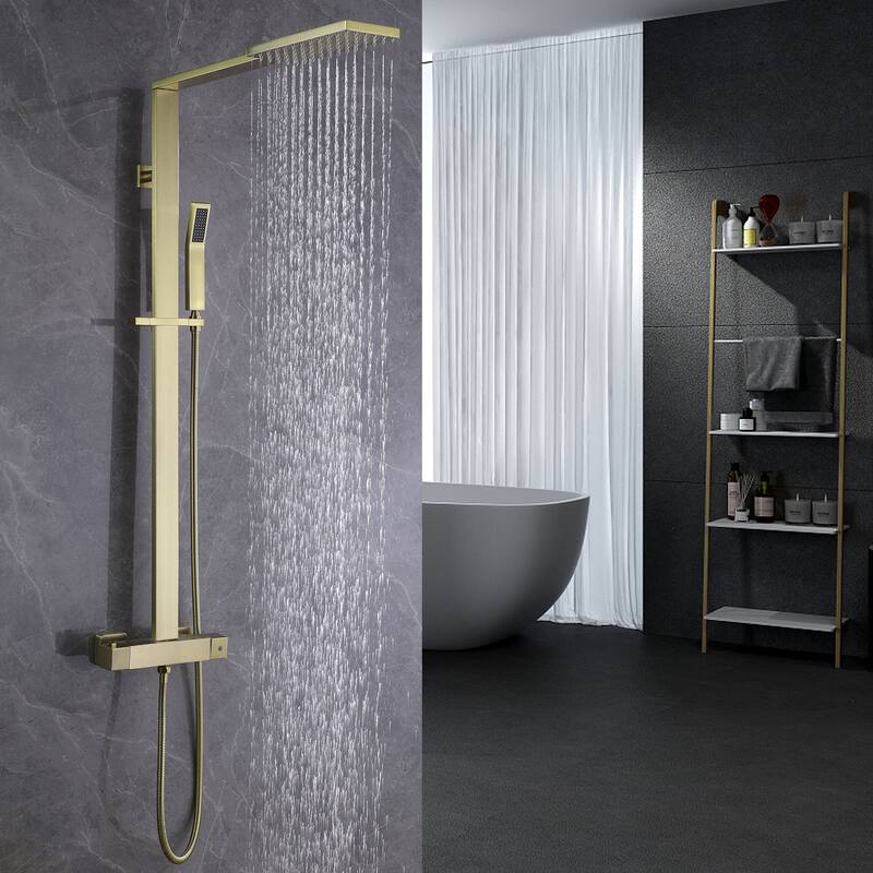 Wall Mount Thermostatic Brushed Gold Shower Set - Overstock - 36111550