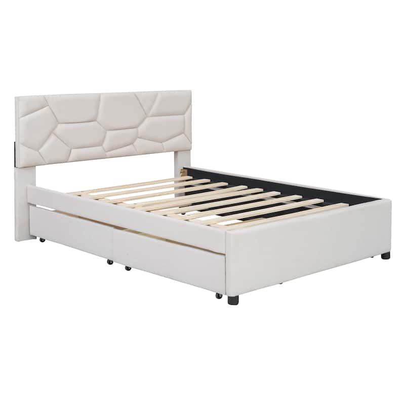 Beige Full Size Linen Platform Bed with Brick Pattern Headboard, Trundle, and Storage Drawers
