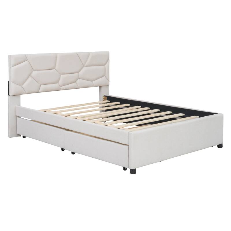 Full Size Upholstered Platform Bed with Brick Headboard, Twin Trundle, 2 Drawers, Beige Linen Fabric