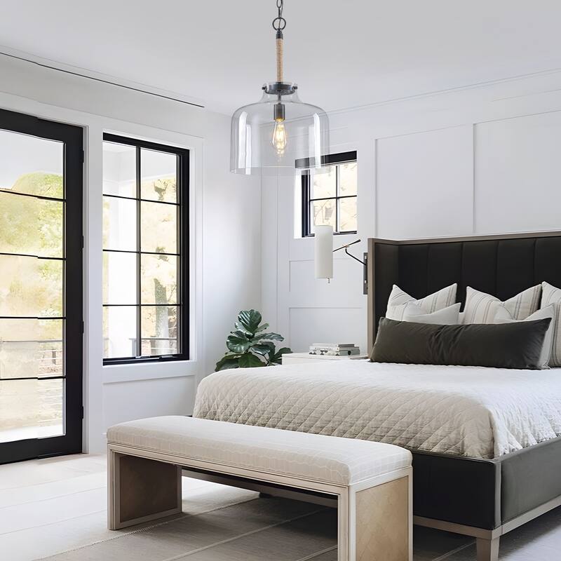 Starsky 1-Light Clear Glass Bell Jar / Cloche Pendant With Rope Accent