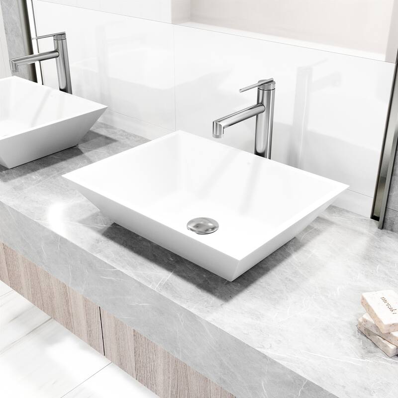 VIGO Vinca 18"L x 14"W MatteStone Vessel Sink and Sterling 11"H Faucet Set - White