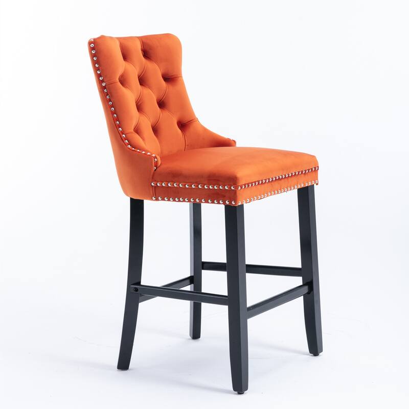 2 Velvet Upholstered Barstools with Button Tufted and Wooden Legs, and Chrome Nailhead Trim - N/A - Orange