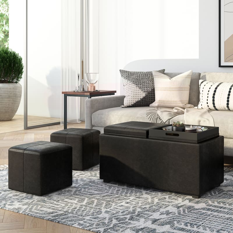 WYNDENHALL Franklin Upholstered 3-piece Ottoman Set - Distressed Black