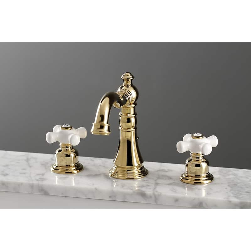 Kingston Brass American Classic Two-Handle 3-Hole Deck Mount Widespread Bathroom Faucet with Pop-Up Drain