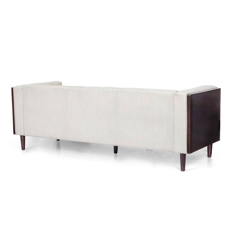 Roomfitters Mid-Century 3-Seater Sofa, Upholstered Tufted Couch for Living Room, Modern Wood-Accent Design, Beige