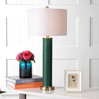 SAFAVIEH Lighting 32-inch Ollie Faux Woven Leather Dark Green Table Lamp (Set of 2) - 15"x15"x31.5"