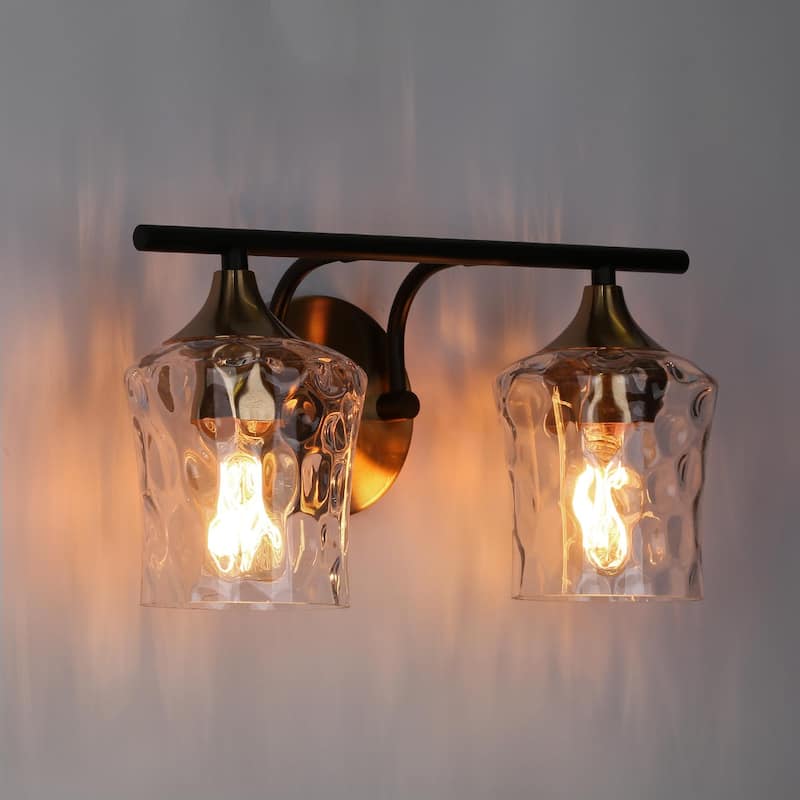Modern 2-Light Black Gold Bathroom Vanity Lights with Hammered Glass Shades - L 14"x W 7"x H 7"