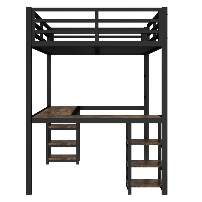 Twin XL Metal Loft Bed with Desk and Shelves, Loft Bed with Ladder and Guardrails, Loft Bed Frame for Bedroom