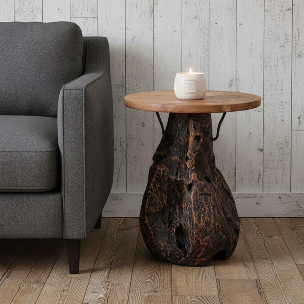 HomeRoots 24" Natural and Smoky Black Distressed Reclaimed Wood Round Pedestal End Table - 19.70 in. x 23.60 in. x 19.70 in.