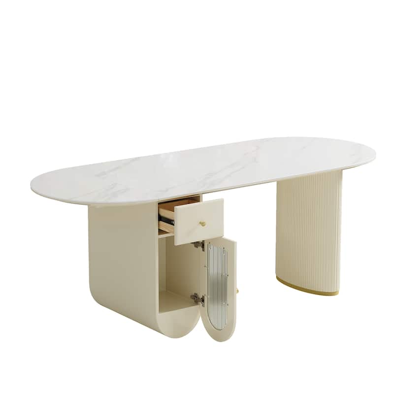 Modern Oval Sintered Stone Dining Table with Storage Cabinet