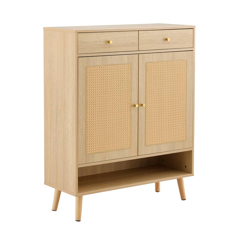 Rattan Weaving Shoe Cabinet, Multi-Functional Shoe Rack Organizer, Sideboard Buffet with Top Drawers & Lower Cabinet Doors