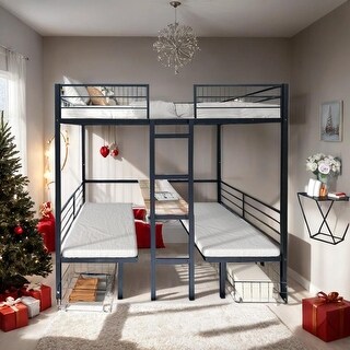 Full over Full Bunk Bed, Transformable to Full Size Loft Bed, Black