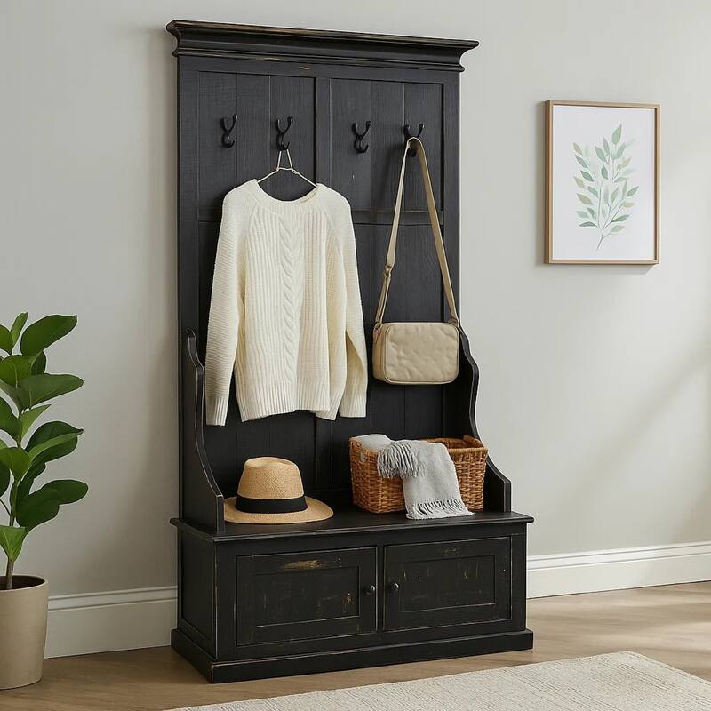 Mary Accent Hall Tree Coat Rack with Bench, 4 Hooks, Farmhouse Black