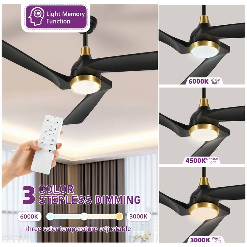 52 Inch Ceiling Fan with Lights Remote Control With 3 Solid Wood Blades