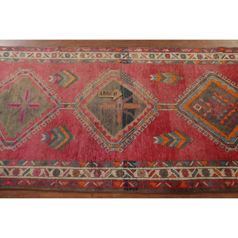 Pink Ardebil Persian Vintage Runner Rug Handmade Wool Carpet - 3'5"x 12'4"