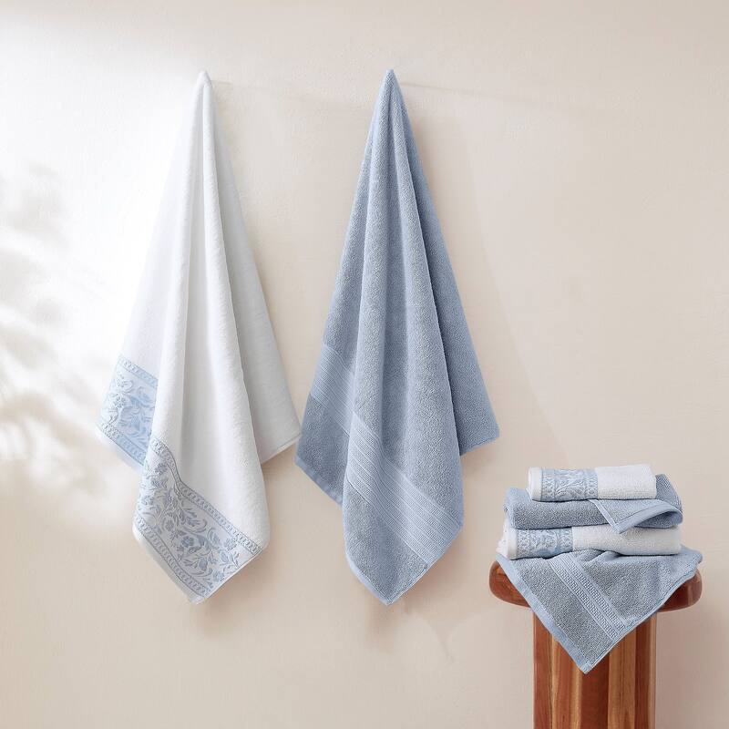 Modern Threads 6-Piece Jacquard Border Towel Set Allie - 100% Cotton, Bath, Hand & Washcloths - Elegant Floral Border