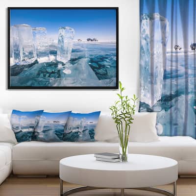 Designart "Blue Ice and Off road Cars" Landscape Artwork Print on Framed Canvas