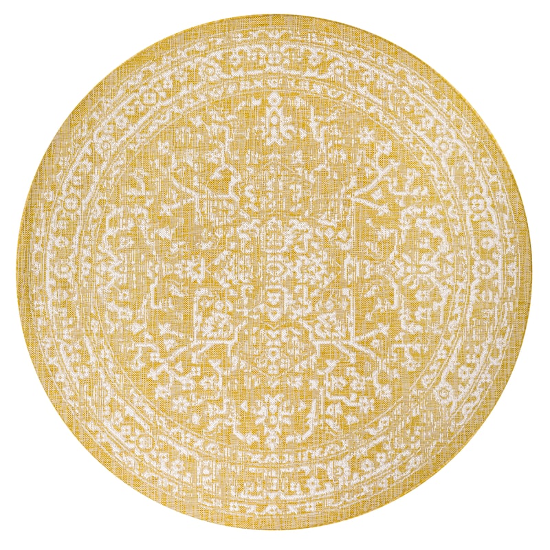 JONATHAN Y Medallion Textured Weave Indoor/Outdoor Area Rug - 5' Round - Yellow/Cream