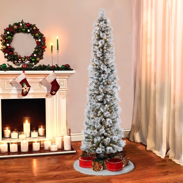 7.5ft Pre Lit Flocked Pencil Portland Pine Christmas Tree 350 Clear Lights