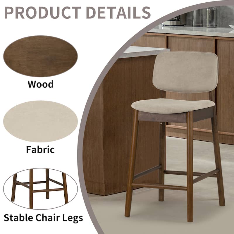 Set of 2 Azura Beige Fabric Counter Stool with Walnut Wood Legs