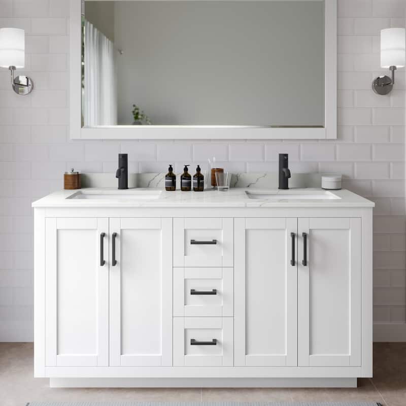Wyndham Collection WCF292960D-QTZ-UNSM58 Miranda 60" Free Standing - White / Giotto Quartz Top / Matte Black Hardware