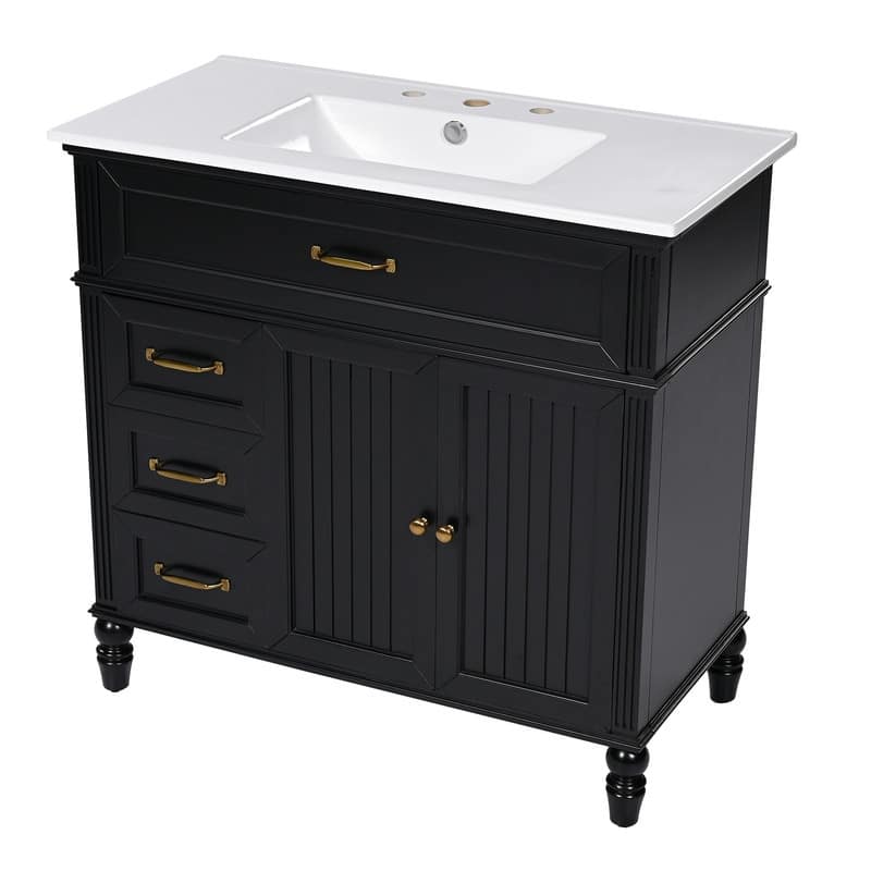 36" Bathroom Vanity with Ceramic Sink Top, Freestanding Bathroom Vanity Cabinet with 2 Doors and 2 Storage Drawers