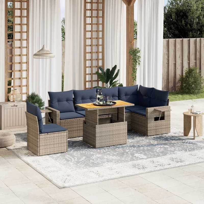 vidaXL Patio Sofa Set with Cushions Outdoor Furniture 7 Piece Poly Rattan - 24.4 x 24.4 x 27.2 - Grey