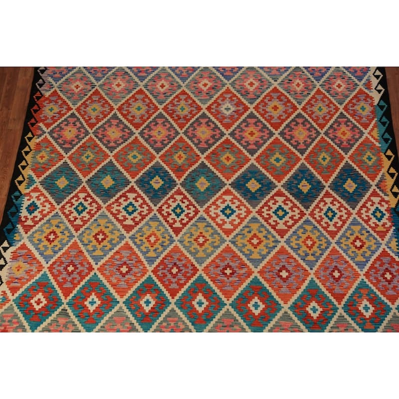 Trellis Kilim Oriental Area Rug Hand-Woven Wool Carpet - 8'2" x 11'2"