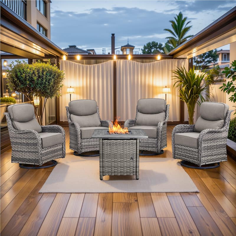 Pocassy Outdoor 6" Swivel Chairs with Fire Pit Table - 5 Pieces Swivel Chair with Fire Table - Grey Wicker Beige Cushion