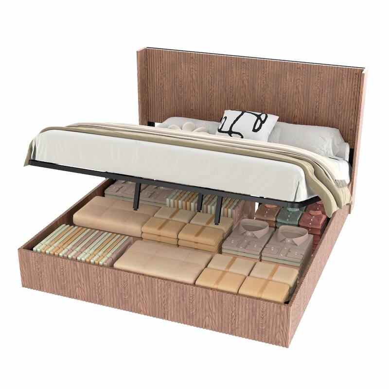 Large Grooved Undulating Lift Storage Bed Frame - Wooden Platform Bed with Lift-Top Storage