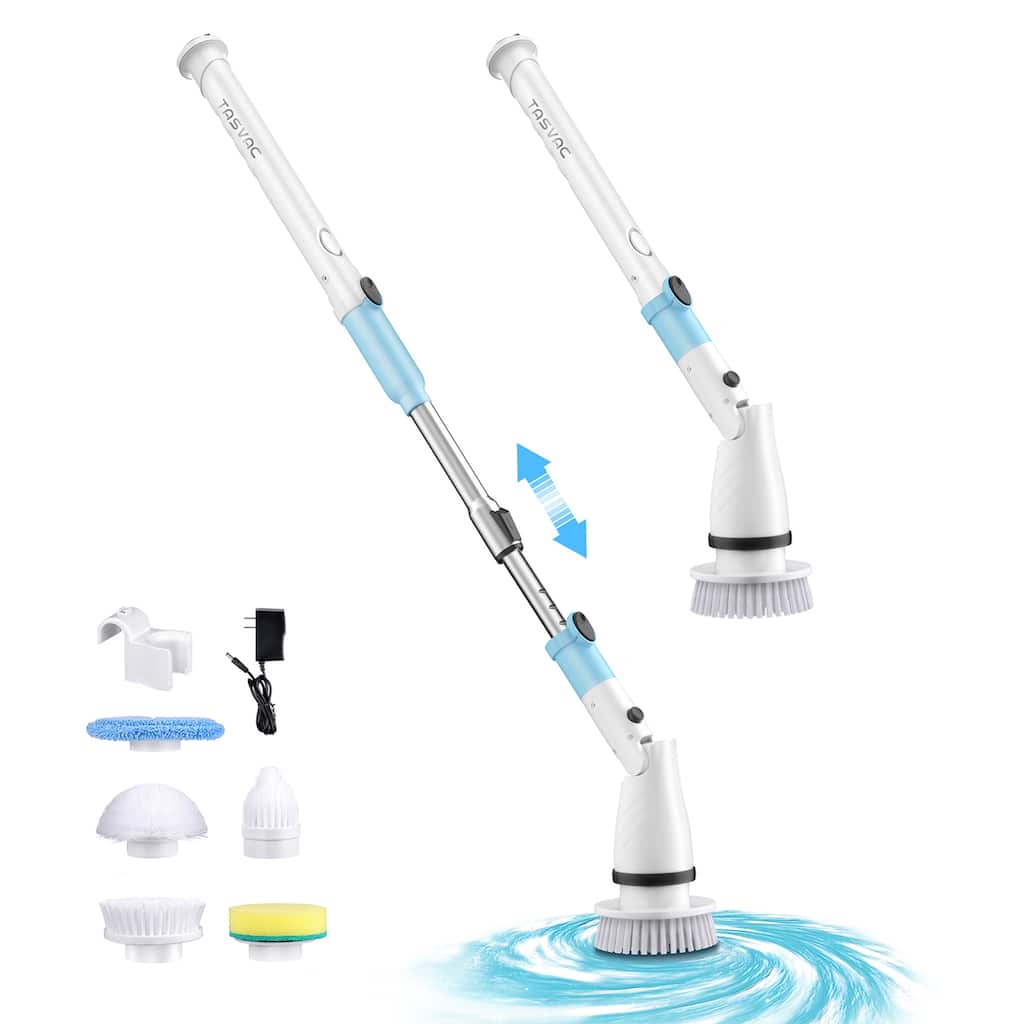 Cordless Cleaning Brush with 5 Replaceable Heads Adjustable Telescopic Handle - Off White+Blue - 27 to 47 inches