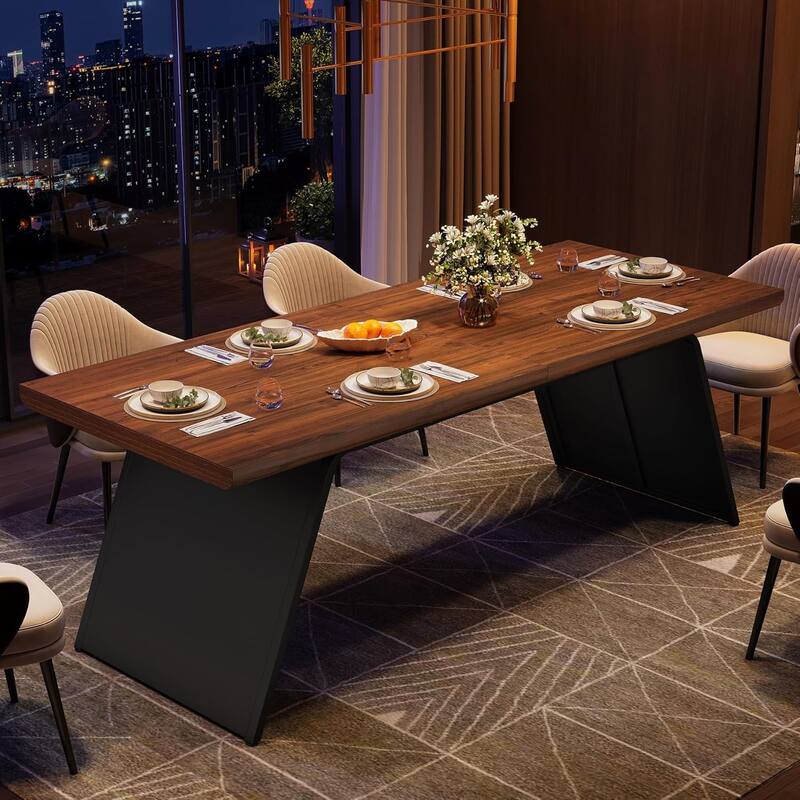 79" Long Dining Table with Walnut Wooden Top & Black Metal Base, Modern Narrow Rectangular Kitchen Table for 6