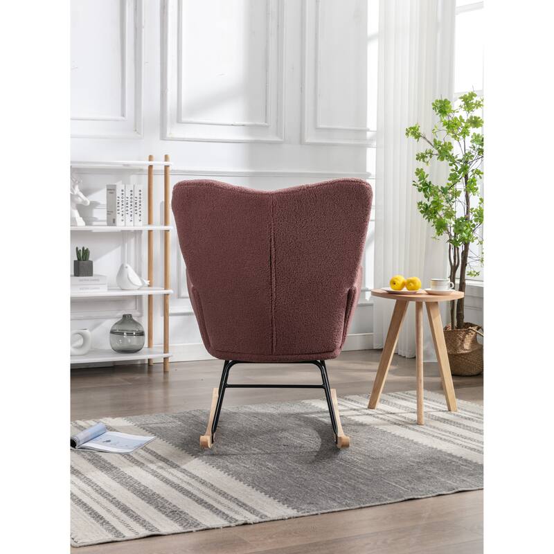 Teddy Fabric Upholstered Glider Rocker, Reading Chair with Thick Padded Seat, High Backrest Armchair with Wooden Legs
